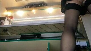 WOW Tall Long Legs Milf in Miniskirt Thong Earns Cash with Shaved Pussy Show!