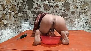 Ts Stretches Ass with Cucumber and Fruits Before Peeing in Toilet