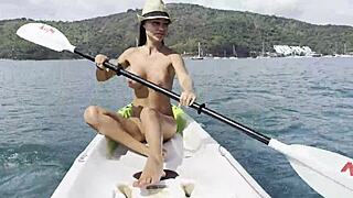 Naughty Monika Fox fingers pussy to squirt on public kayak!