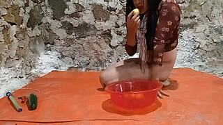 Ts Stretches Ass with Cucumber and Fruits Before Peeing in Toilet