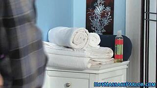 Massaging Cute Brunette Babe Jerks Monster Cock Handjob Oral