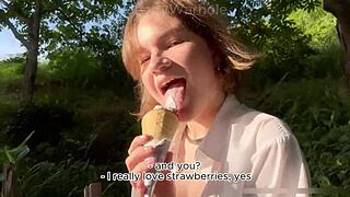 Young nympho eats ice cream then deepthroats dick