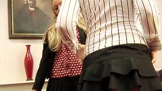 Blonde boss secretary fingering each other's wet pussies then strap-on fucking lingerie lesbians licking at the office