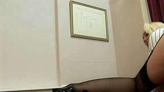 Blonde boss secretary fingering each other's wet pussies then strap-on fucking lingerie lesbians licking at the office