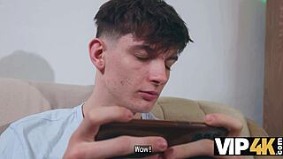 Daddy's real cumshot finishes the virtual game with son's girlfriend