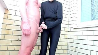 Cfnm stepmom strokes her muscular stallion's huge cock in tight leggings till he squirts outdoors
