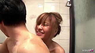 japanese bride blows then rides cock to orgasm in soapy bath