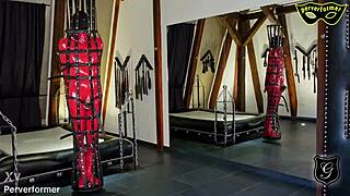 Bound Slave Punished in Hotel Cage by Femdom Boots and Heels!