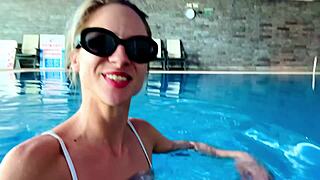 Blonde Cutie Sweats Barefoot by Pool Before Ass Worship in Sauna