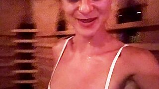 Blonde Cutie Sweats Barefoot by Pool Before Ass Worship in Sauna