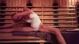 Blonde Cutie Sweats Barefoot by Pool Before Ass Worship in Sauna