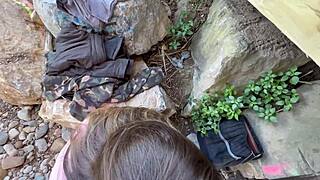 I fucked blonde sporty babe anal outdoors then cum in mouth by river