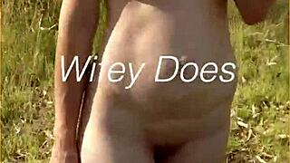 young wife bares her shaved pussy on first nude stroll outdoors