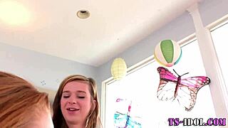 Shemale unloads jizz all over slut's eager face