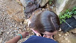 I fucked blonde sporty babe anal outdoors then cum in mouth by river