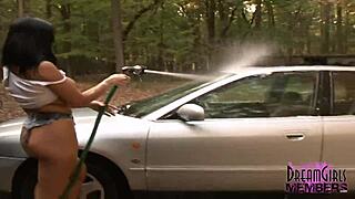 Big boob brunette babe showers then cleans car outdoors