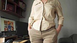 naughty milf secretary teases with fat cameltoe pussy lips tight in trousers begging for it