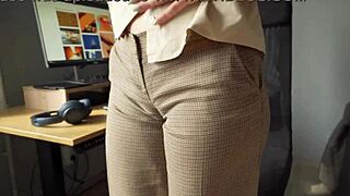 naughty milf secretary teases with fat cameltoe pussy lips tight in trousers begging for it