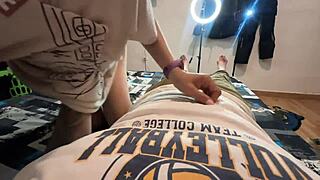 he sneaks a quick glance as his stepsister gives an incredible blowjob while alone at home