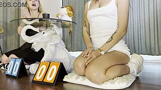 Two horny girls DOUBLE HANDJOB big cock dice cum challenge