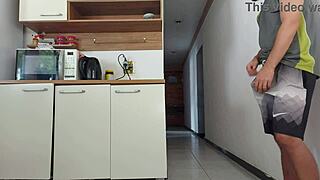 risky kitchen fuck with hubby's friend while he showered... almost caught!