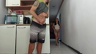 risky kitchen fuck with hubby's friend while he showered... almost caught!