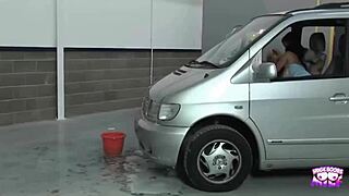 Two sexy ladies blowjob cowgirl doggystyle his cock in new car
