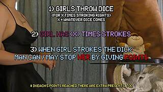 Two horny girls DOUBLE HANDJOB big cock dice cum challenge