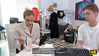 Two hard cocks stretch slutty tutor's shaved pussy and small tits in mmf lesson