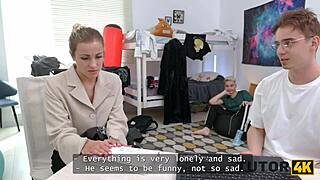 Two hard cocks stretch slutty tutor's shaved pussy and small tits in mmf lesson