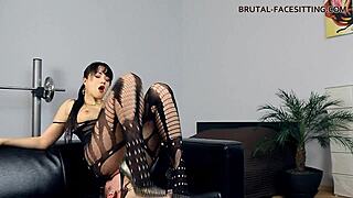 פמדום פייססיטינג בגרביונים. היא יושבת חזק בזמן שהוא מלקק לה תחת וכוס עמוק.